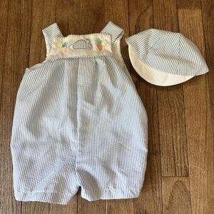 Vintage Baby Boy Seersucker Romper And Hat Embroidered Spring 6-9 Mo 70s‎